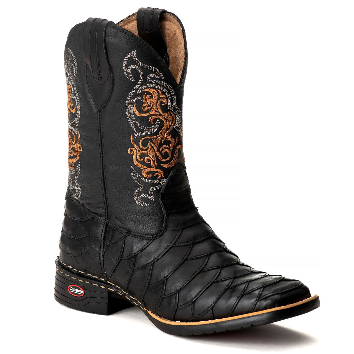 Bota Texana Escamada Masculina Couro Preto Bico Quadrado Rodeio Cano Alto