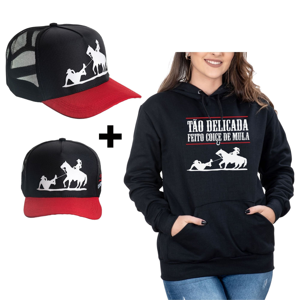 Kit Moletom Feminino Country Preto Algodão + Boné Delicado Coice de Mula